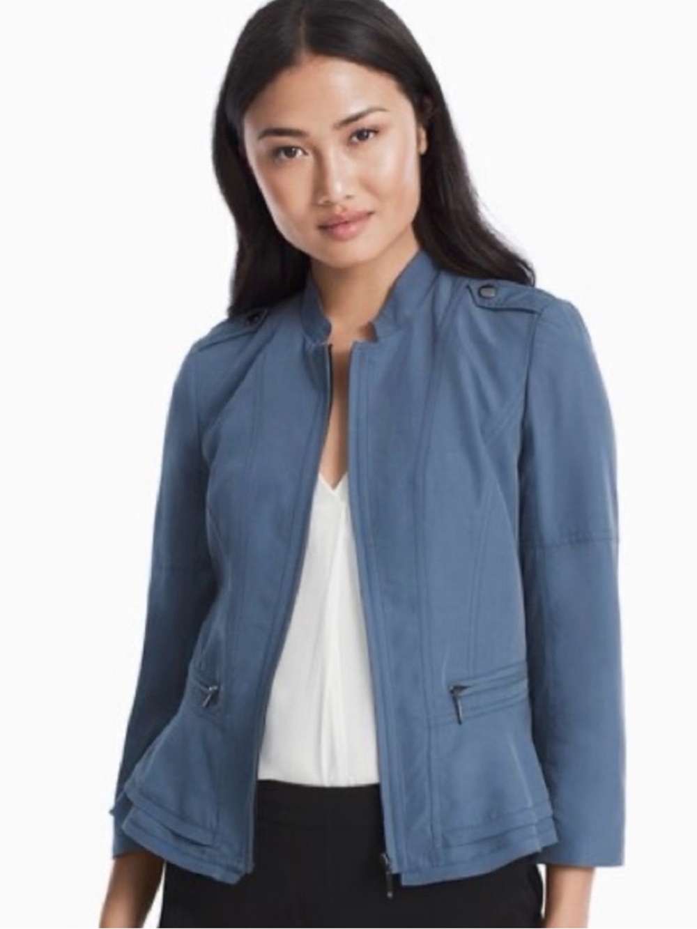 White House Black Market Slate Blue Zip-Front Peplum Utility Jacket